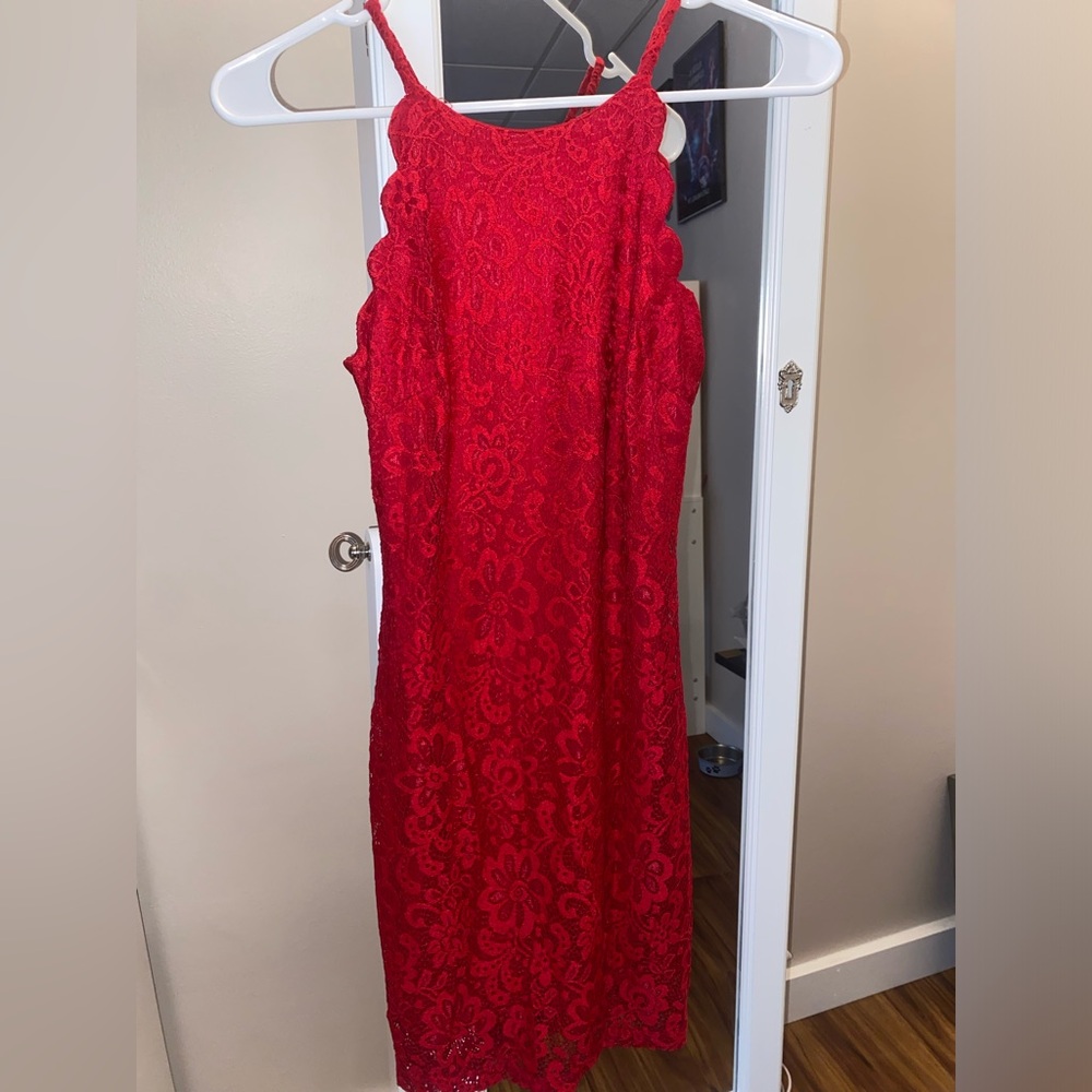 red scalloped floral lacy dress